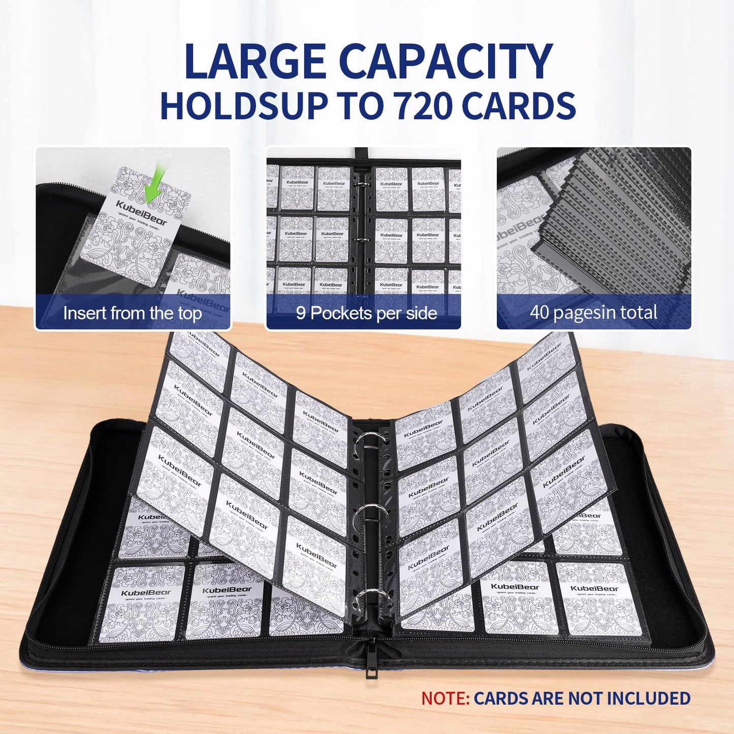 Card Binder – 720 Capacity, Zippered Trading Card Holder for MTG, Sports & Collectible Cards – Acid-Free, Durable & Travel-Friendly Storage (Black, 9 Pocket)