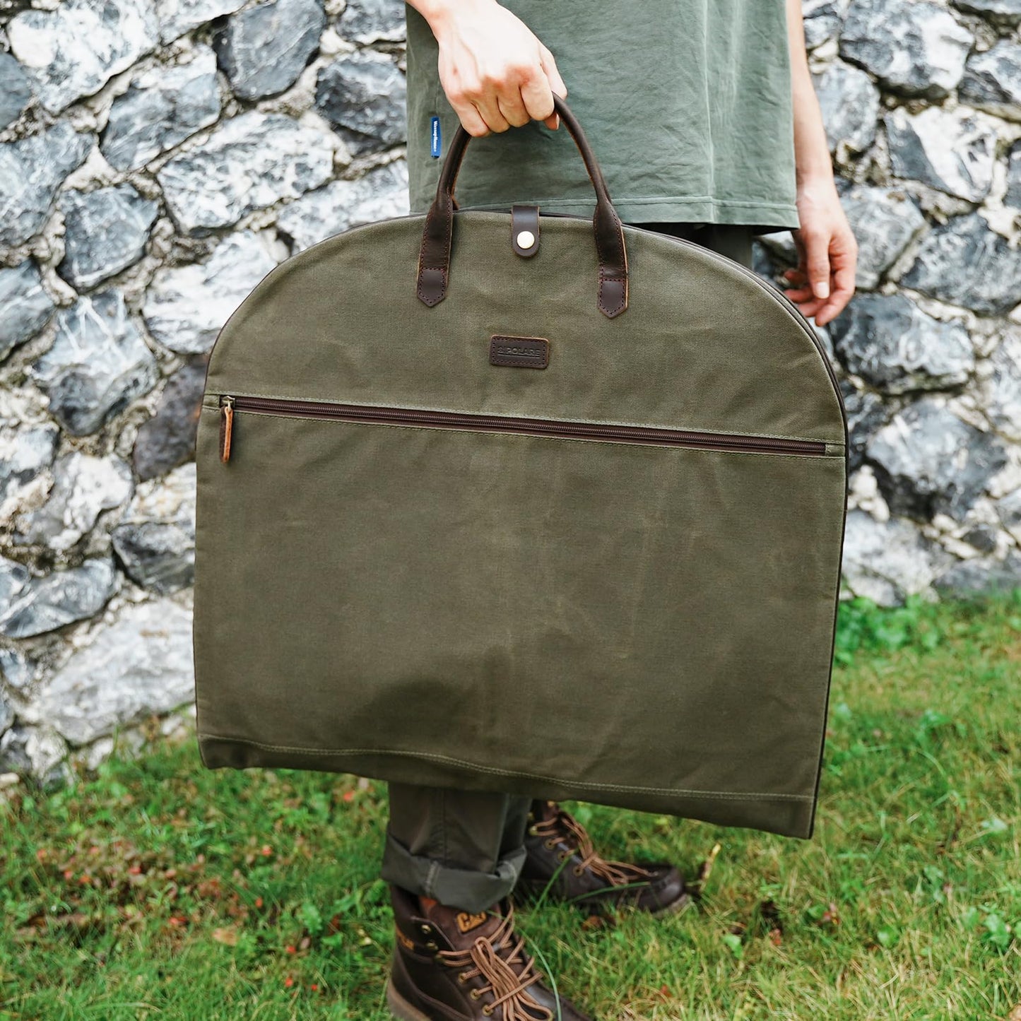 Polare 43” Waxed Canvas Full Grain Leather Trim Carry On Garment Bag for Travel, Waterproof Dust-Proof Foldable Hanging Suitcase Weekender Garment Cover with YKK Zipper (Army Green)