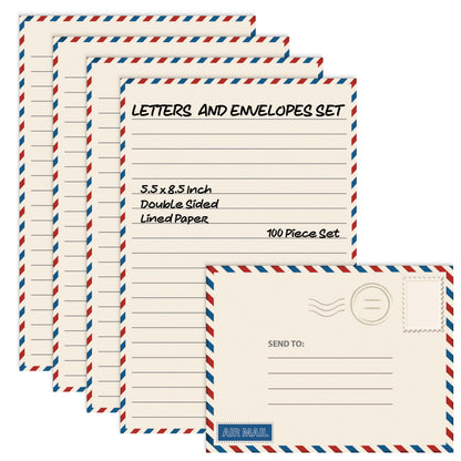 Better Office Products Vintage Airmail Mini Stationery Set, 100 Piece Set (50 Lined Sheets + 50 Matching Envelopes), 5.5 x 8.25 inch, Design, Double Sided Printing, Double Side Lined Paper,