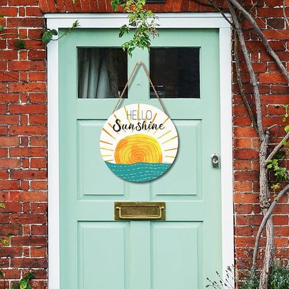Summer Wreaths for Front Door Hello Sunshine Welcome Sign Summer Sunshine Decoration Wooden Door Hanger Sunset over Sea Farmhouse Hanging Plaque Sign for Home Porch Indoor Outdoor Outside 12”x12”