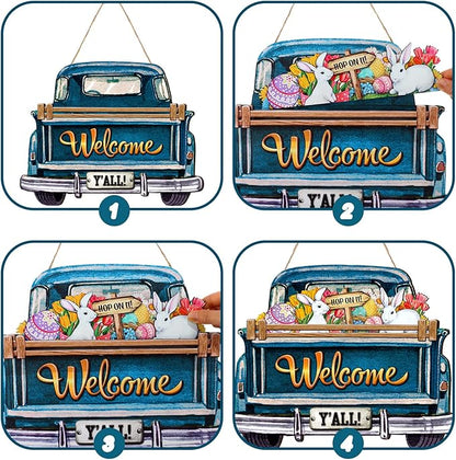 Ferraycle Interchangeable Welcome Sign for Front Door Farmhouse Truck Decor Rustic Hanging Sign with 12 Interchangeable Seasonal Holiday Decor for Fall Thanksgiving Halloween Christmas(Cute Color)