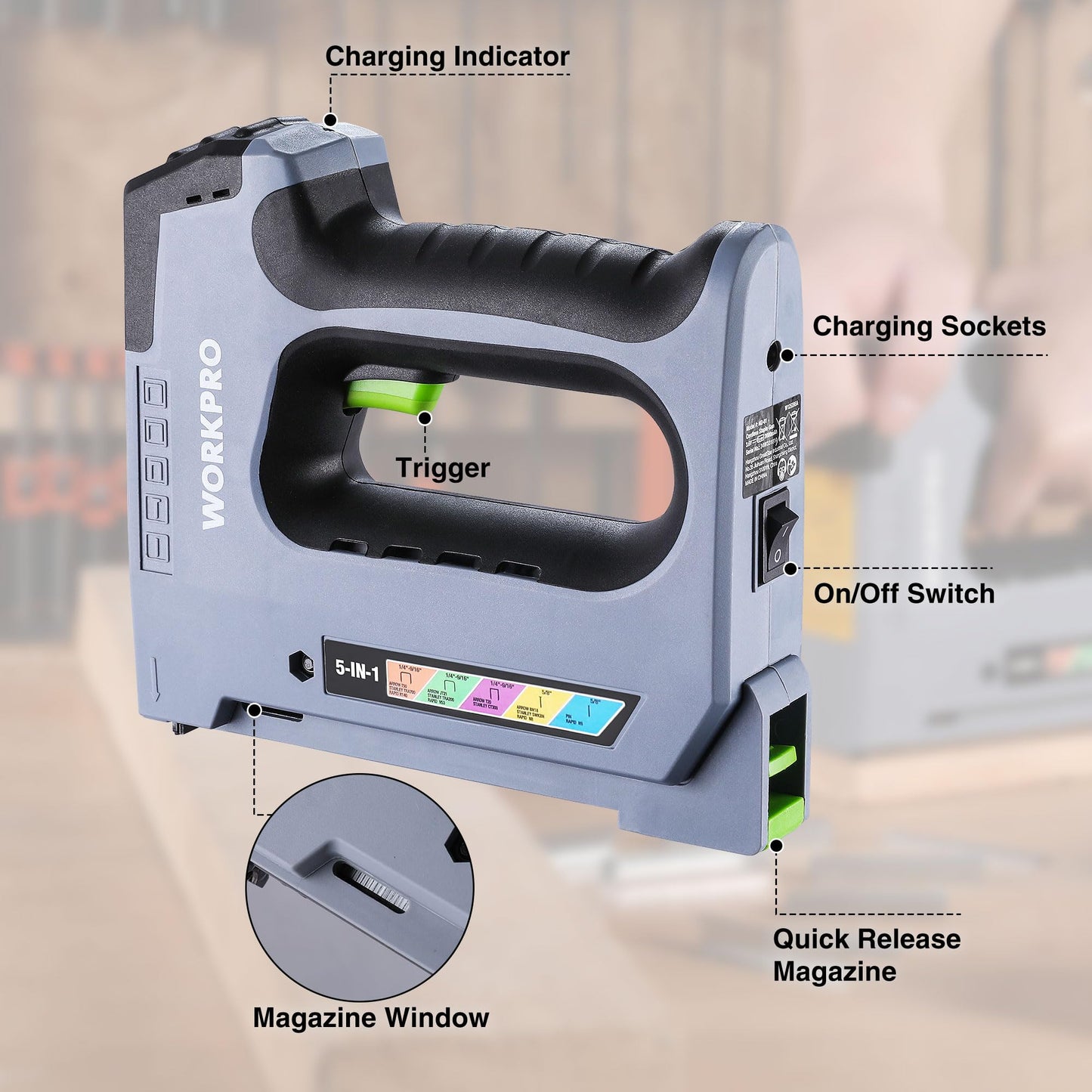 WORKPRO 5 in 1 Cordless Staple Gun, 3.6V Rechargeable Electric Stapler with 2000 Staples and Nails, Upholstery Staple Gun for Wood, Furniture, Office, and DIY Projects