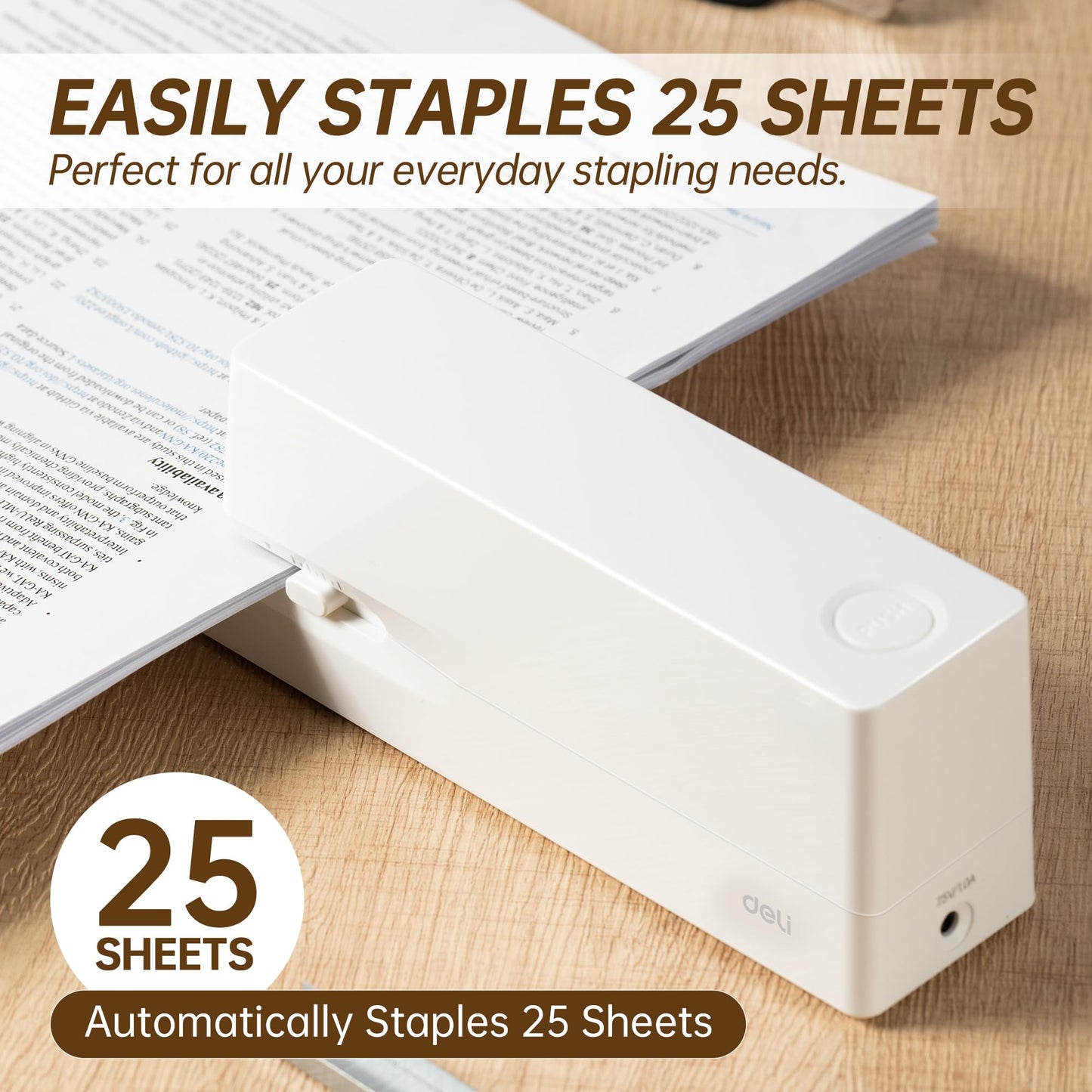 Deli Electric Stapler, Automatic Staplers for Desk with 2000 Staples & Staple Remover, 25-Sheet Capacity, No-Jam, AC or Battery Powered Staplers for Office Home School, White