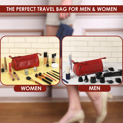 TheAntiq Leather Makeup Bag for Women – Genuine Leather Cosmetic Bag Travel, Handmade Zippered Makeup Pouch, Small Toiletry Bag, Shaving Kit & Stationery Organizer- Red