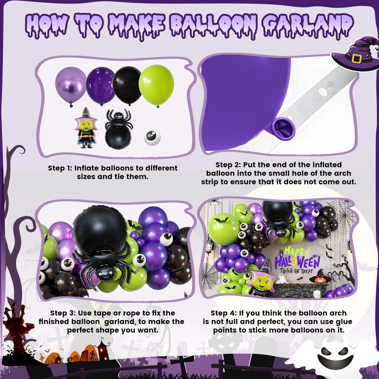 Halloween Balloons Arch Kit, Green Purple Balloon Garland with Foil Balloon Witch Spider Eye Metallic Purple Black Latex Balloons for Horror Halloween Birthday Party Decorations