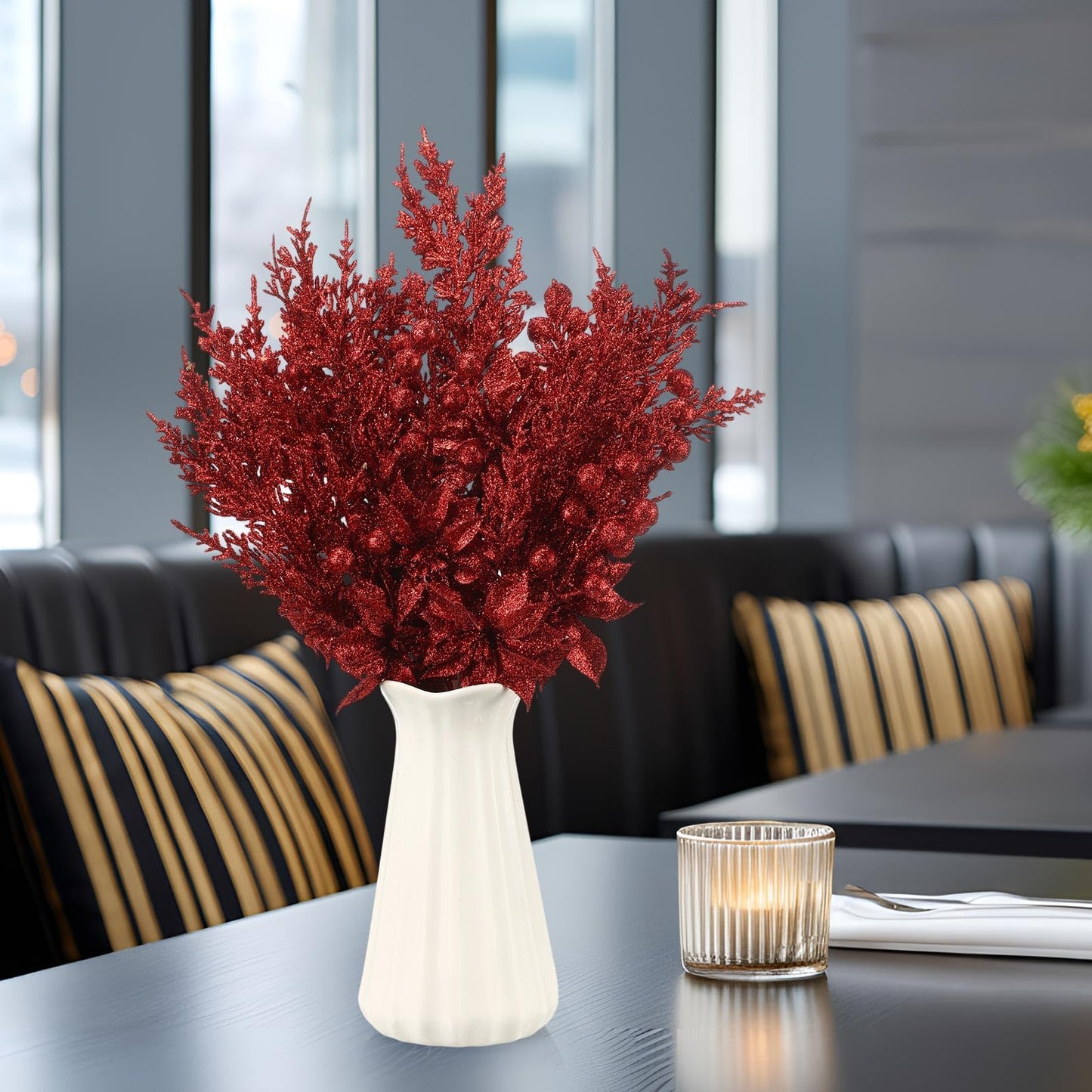 FineCheer 12 Pcs Glitter Christmas Picks Decoration Artificial Berry Branches Pine Needles Spray and Poinsettia Flowers Christmas Tree Ornaments for Xmas Decor Wreaths Wreath Vase Fillers(Burgundy)