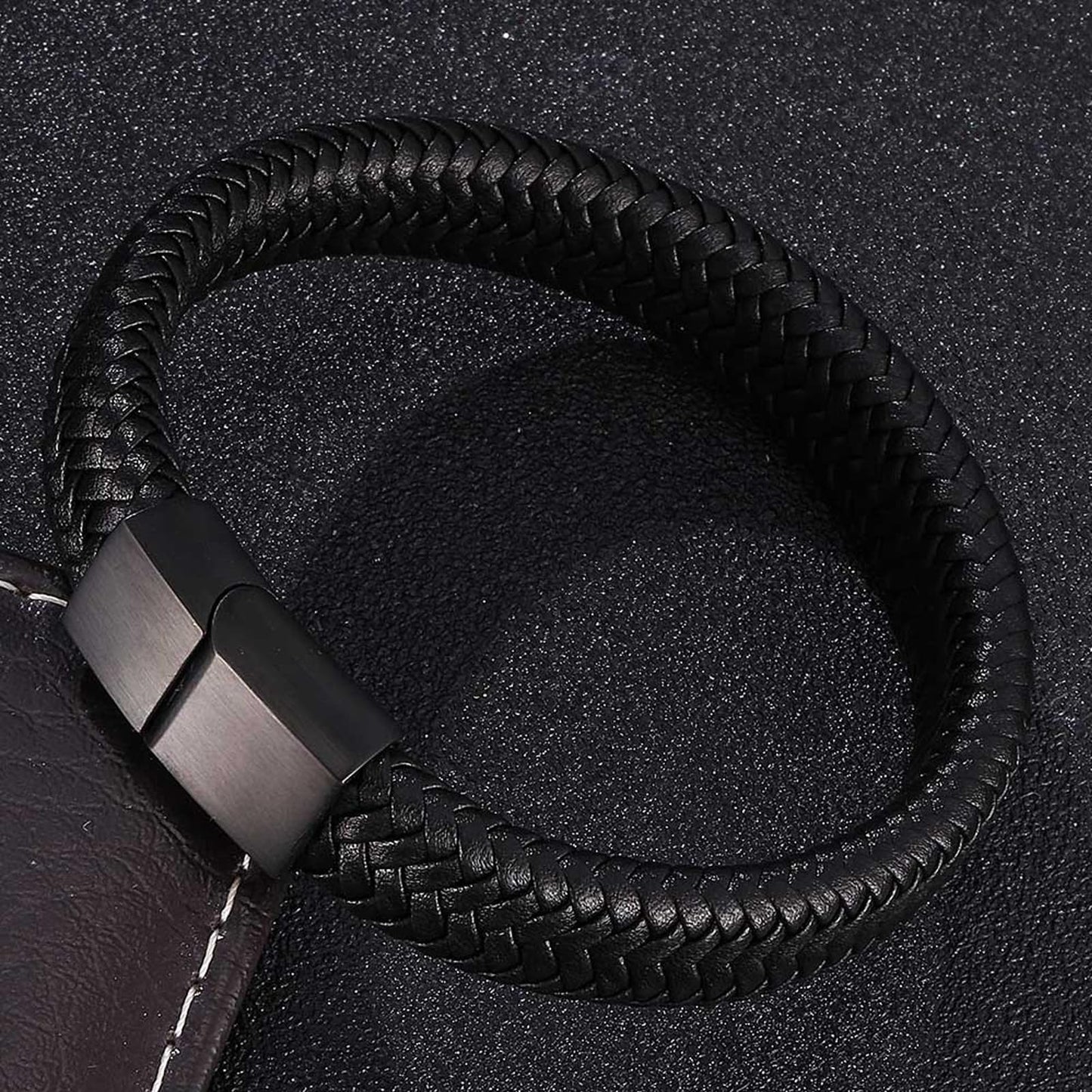 Silverso Men's Leather Bracelet, Stackable Stainless Steel Clasp Bracelets for Men Stylish Birthday, Thanksgiving, Valentine's Day Gift for My Man (7.8" Pure Black)