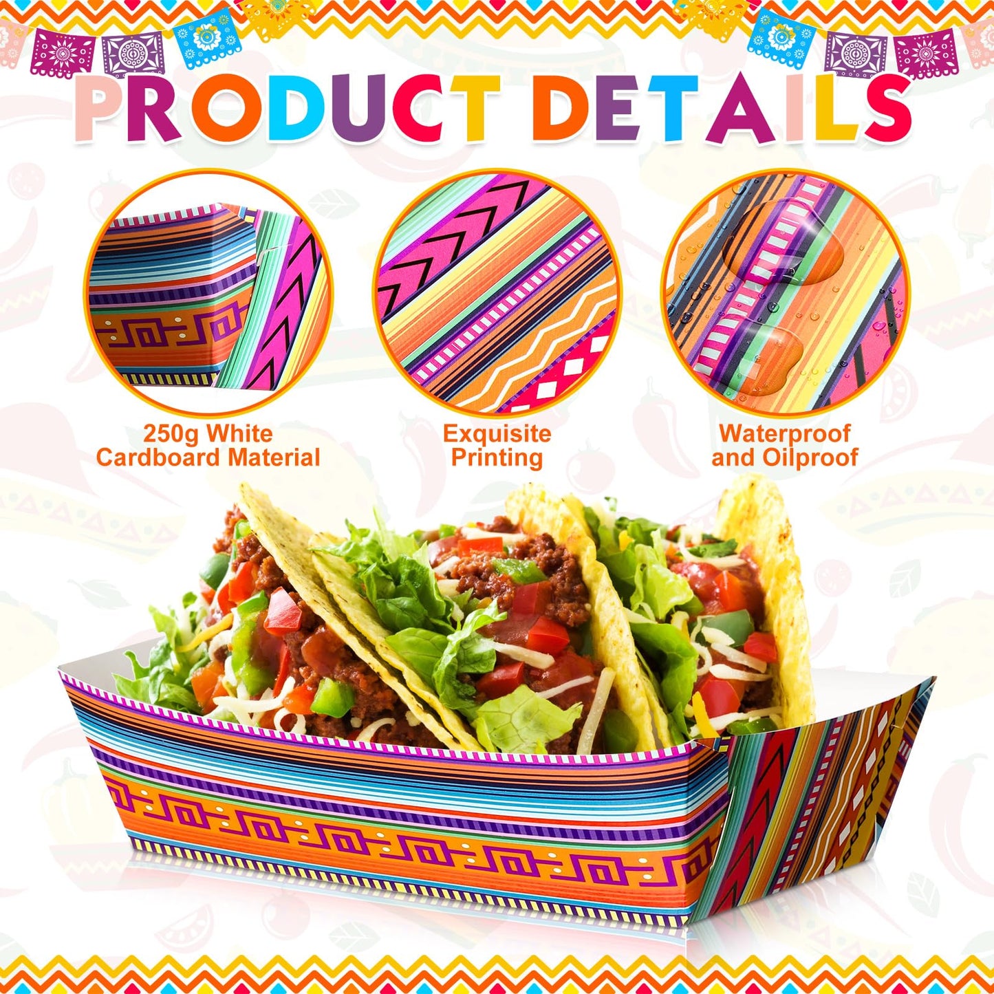 50 Pack Mexican Taco Nights Food Trays Deli Trays Nacho Popcorn Candy Snack Holder Grease Proof Containers Boats Disposable Taco Bar Serving Plates for Christmas Thanksgiving Fiesta Birthday Party