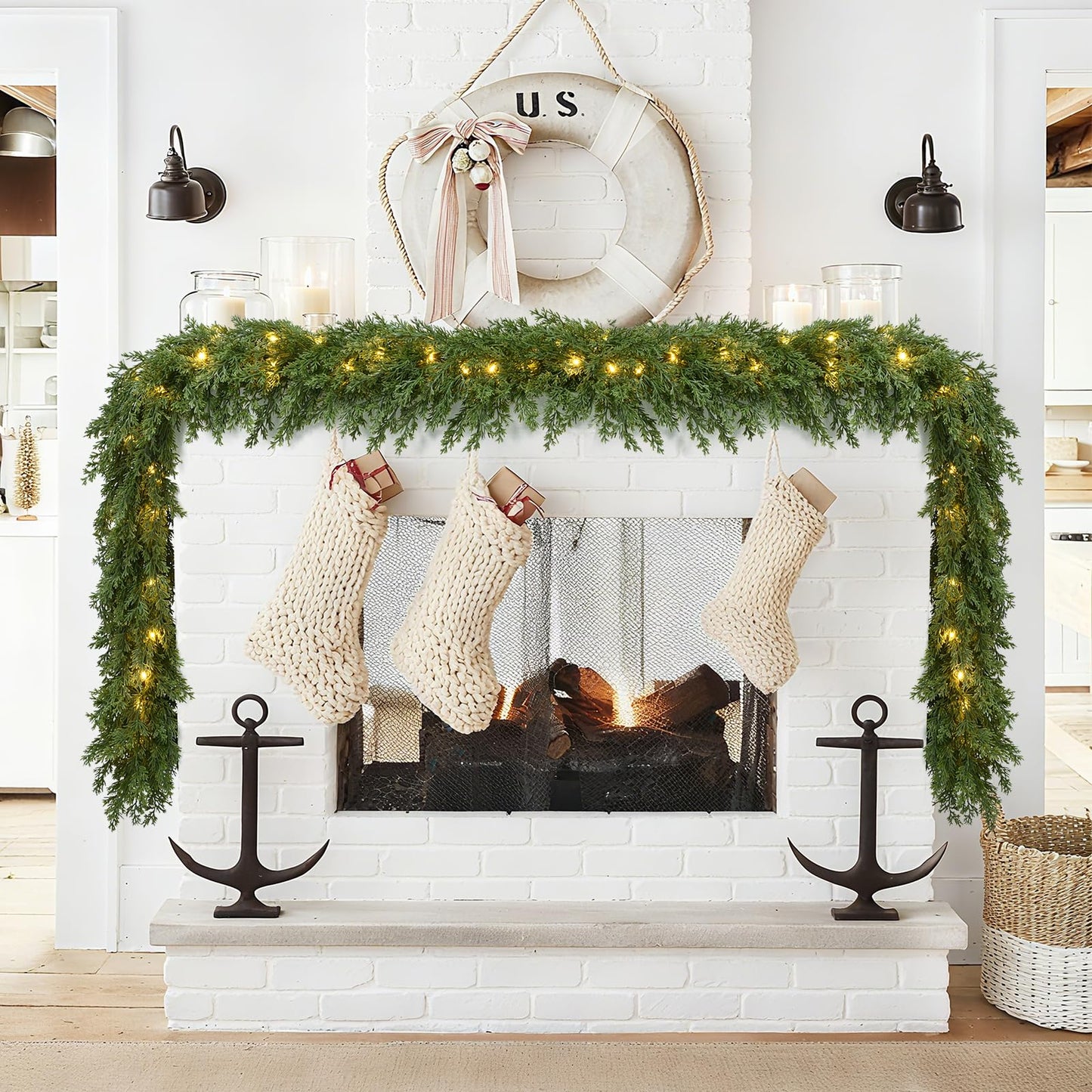 Lvydec Lighted Christmas Pine Garland Decoration, 6ft Realistic Cedar Cypress Garlands Christmas Greenery Garland with Lights for Holiday Mantel Fireplace Table Centerpiece (6ft)