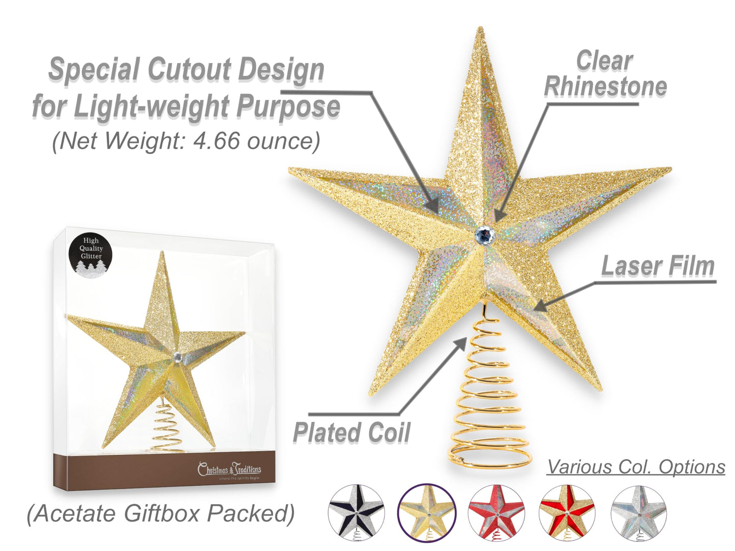 Christmas Traditions 10 inch Large Filigree Gold Holographic Glittered Christmas Star Tree Topper Star for Large Tree 6 feet-8 feet Tall/Home Decor Ornaments (Gold Holographic)