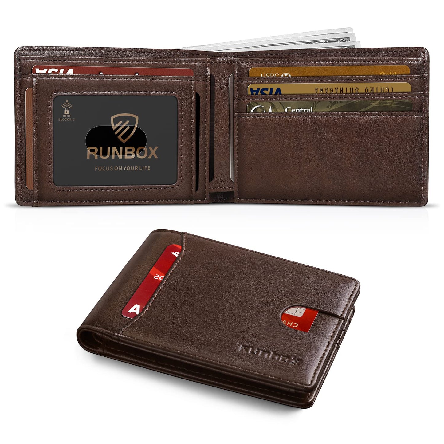 RUNBOX Wallet for Men Slim 11 Credit Card Holder Slots Leather RFID Blocking Small Thin Men's Wallet Bifold Minimalist Front Pocket Large Capacity Gift Box