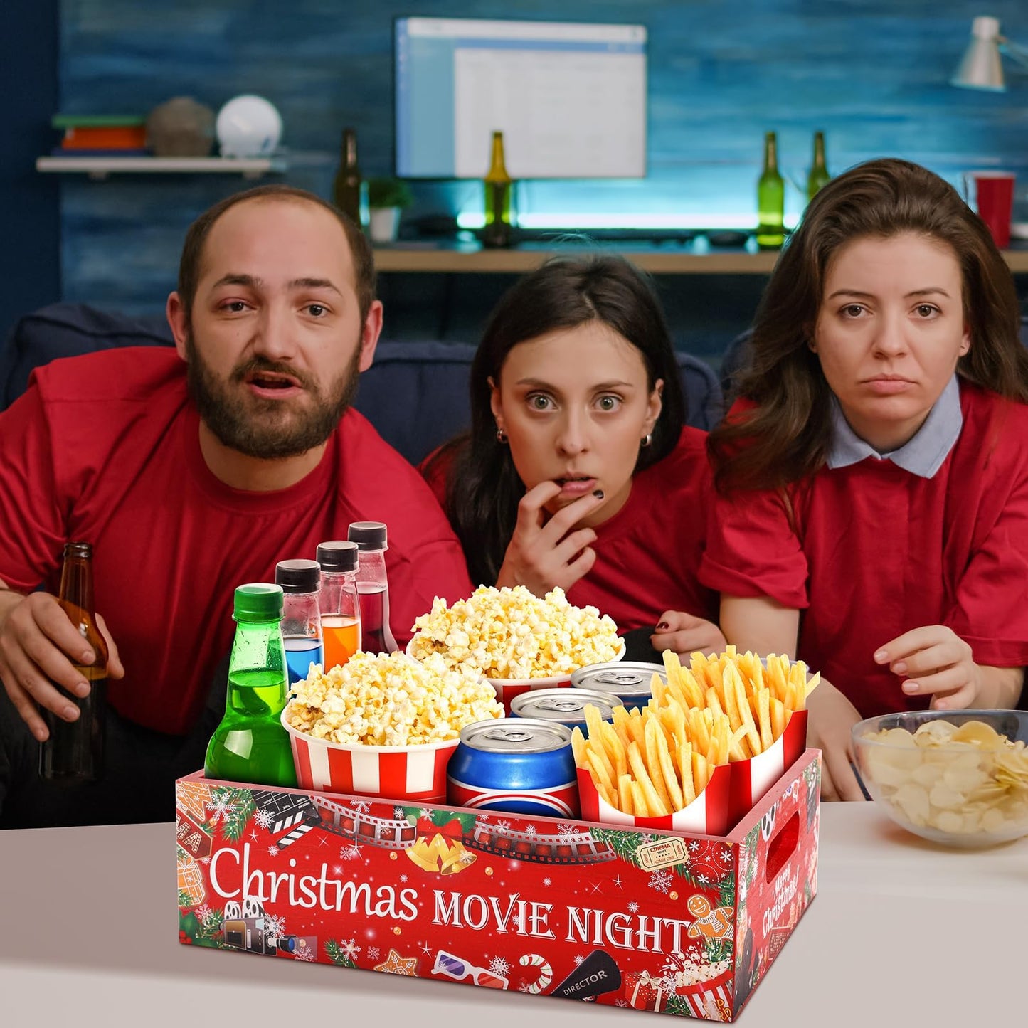 Christmas Movie Night Snack Tray Wooden Movie Snack Tray Movie Night Party Supplies for Countertop Storage Trays Popcorn Nacho Theater Snack for Christmas Home Kitchen Chips Candy Food Supplies