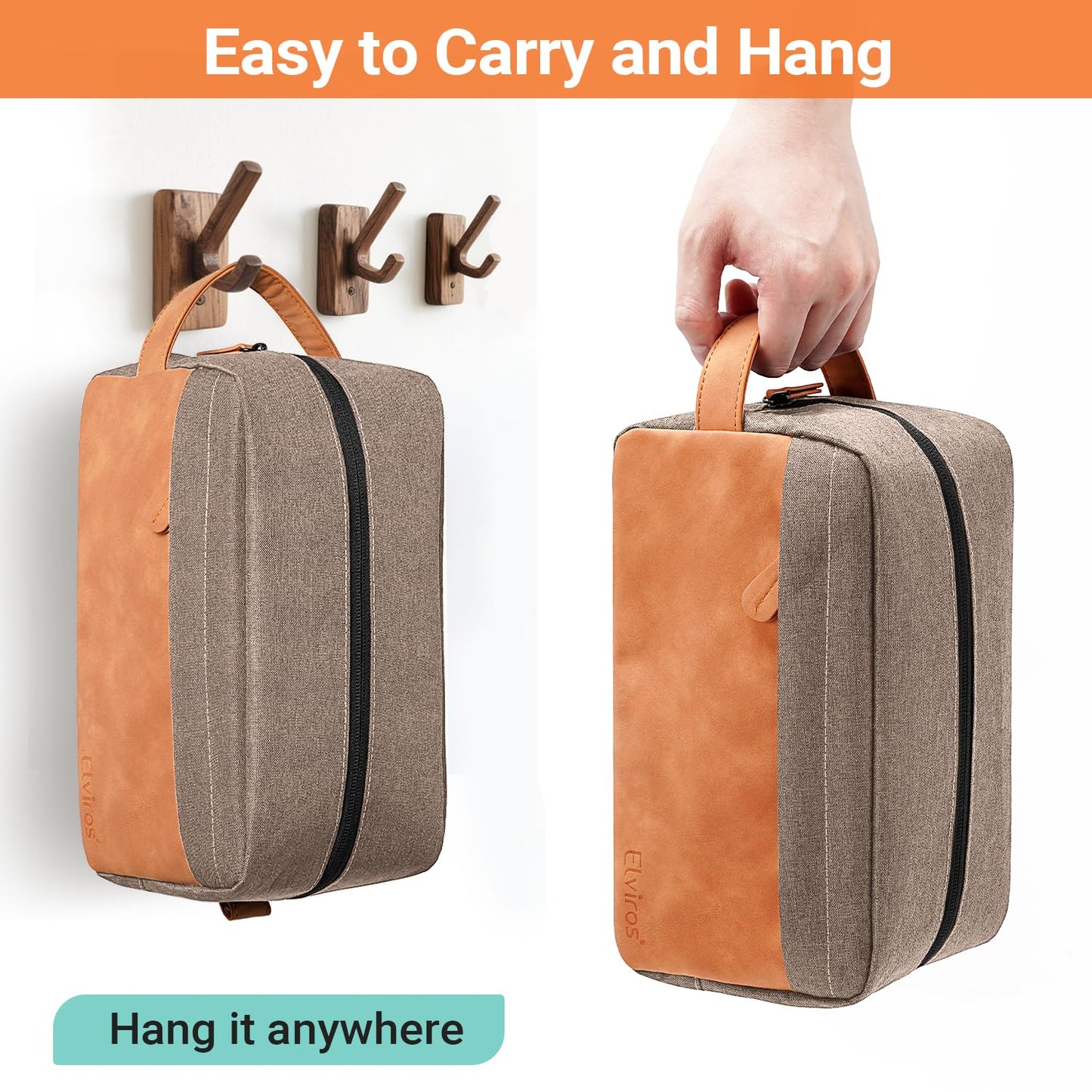 Elviros Travel Toiletry Bag for Men, Hanging Toiletries Bag Water Repellent Dopp Kit PU Leather Travel Bag for Toiletries Accessories, Khaki