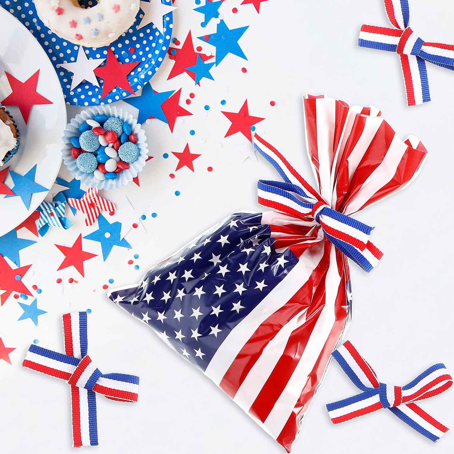 Tenare 100 Pcs Patriotic Gift Cellophane Bags Bulk 4th of July Plastic Red White Blue Flag Treat Goodie Bags 250th Anniversary Treat Goodie Candy Pouches with Ribbon for Independence Day Party Favors