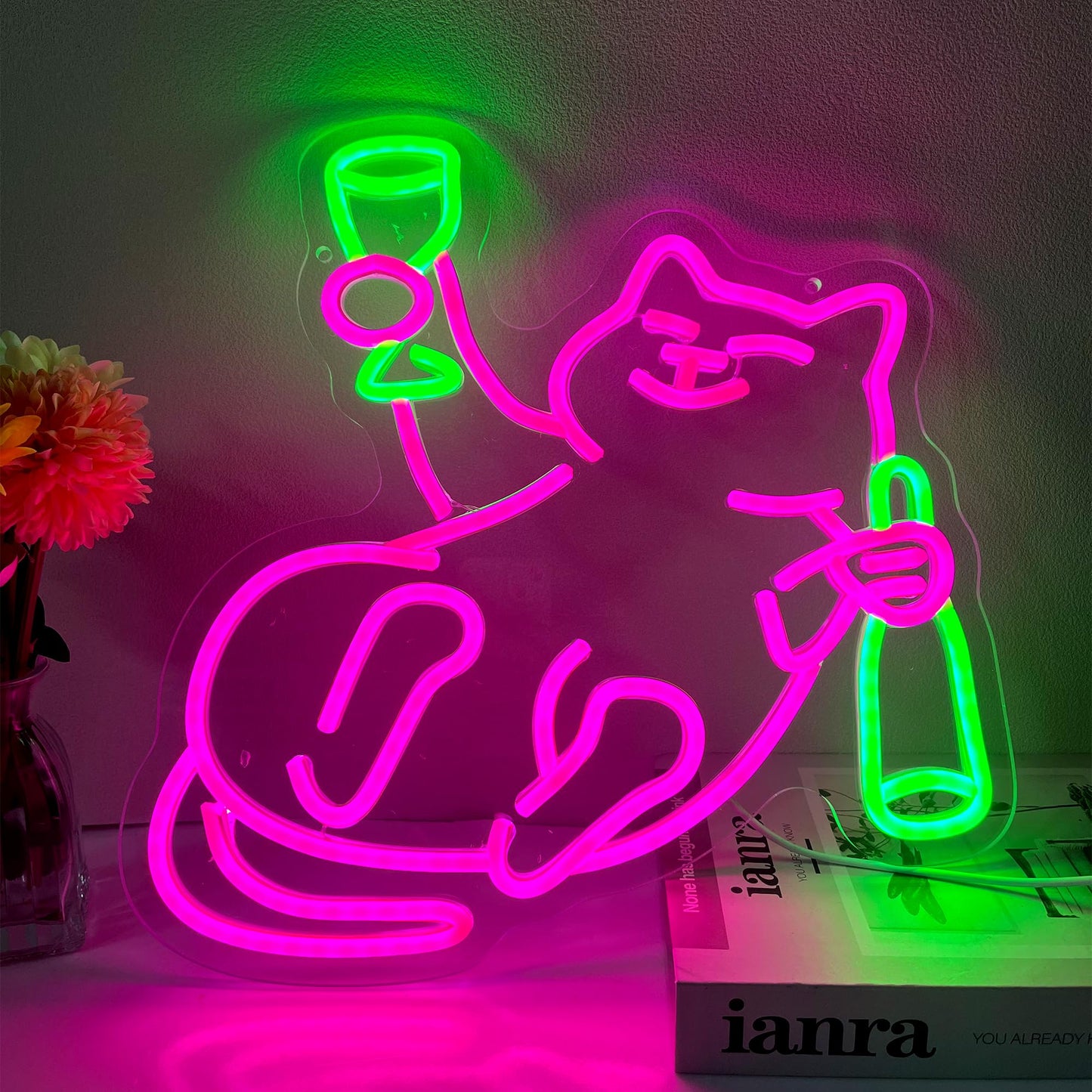 Cat Beer Neon Sign, Cute Cat Drinking Beer Dimmable Led Neon Night Lights Up Animal Decor for Bedroom Living Room Man Cave Home Bar Wall Decoration, Birthday Party Gifts for Kids Girls Boys Adults (Cat)