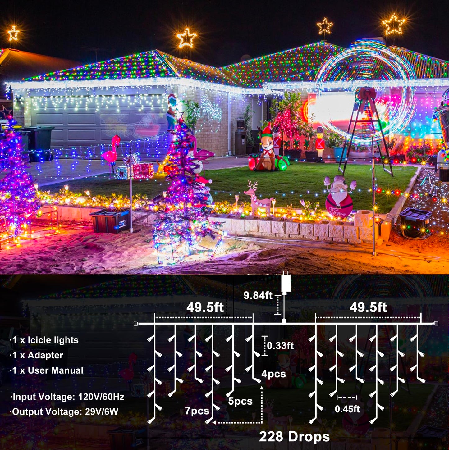 Christmas Lights Outdoor - 99 ft 1216 LED Icicle Lights for Outside - Plug in 8 Modes Twinkle Lights for Christmas Decorations Outdoor House Patio Yard - Cool White