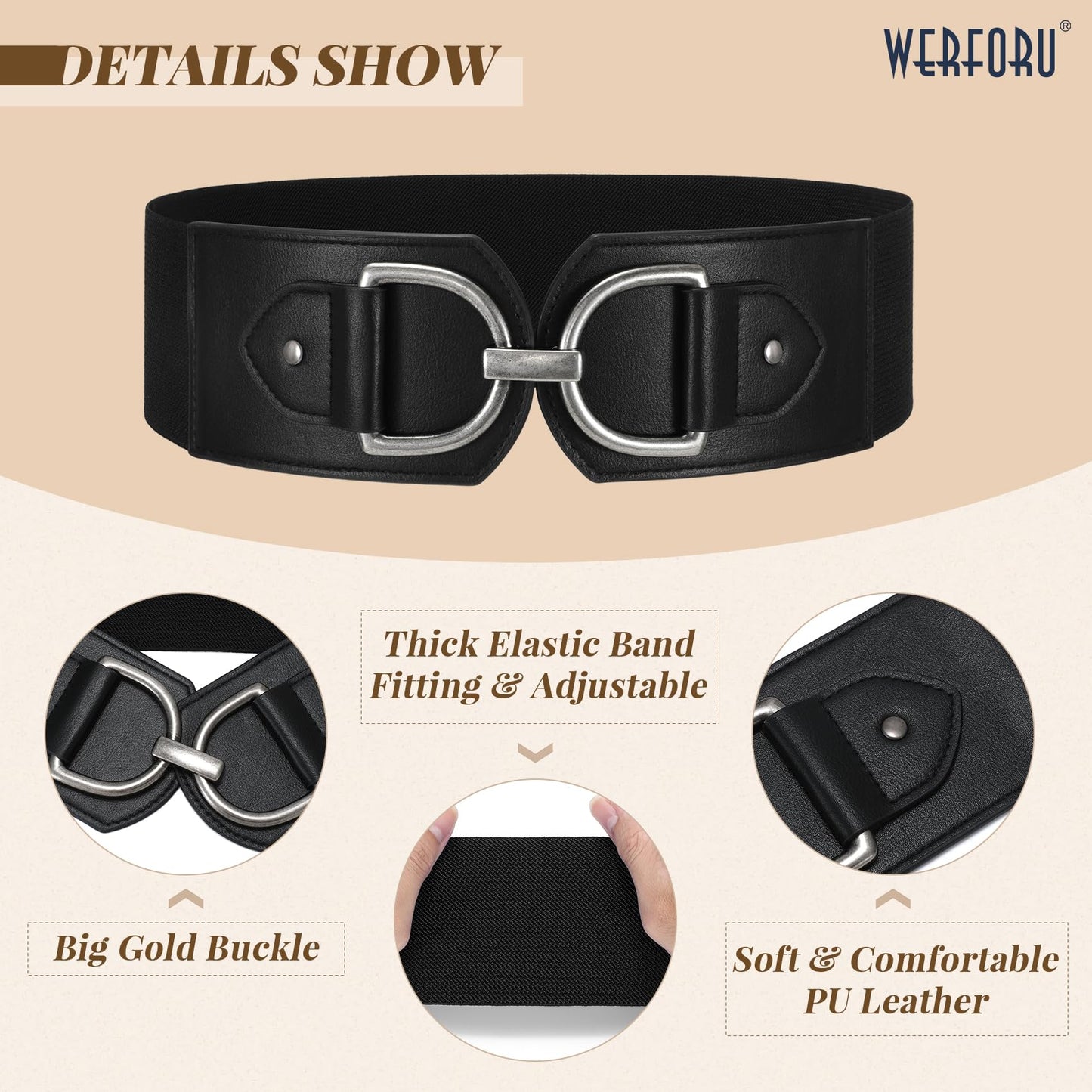 WERFORU Women Elastic Wide Waist Belts for Dresses Fashion Wide Stretchy Belts for Women Big Gold Buckle Thick Dress Belt, Black-silver buckle, M: Fit Waist Size 32"-35"