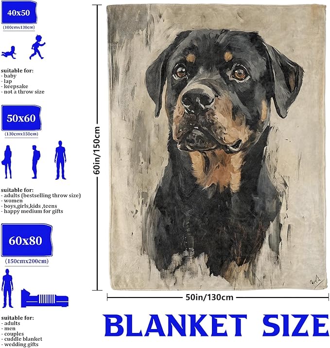 Rottweiler Dog Throw Blanket for Boys Girls Kids Adults Women, Fuzzy Warm Soft Cozy Flannel Blankets Gifts for Bedroom, Couch, Travel, Home Decor 50x60 in