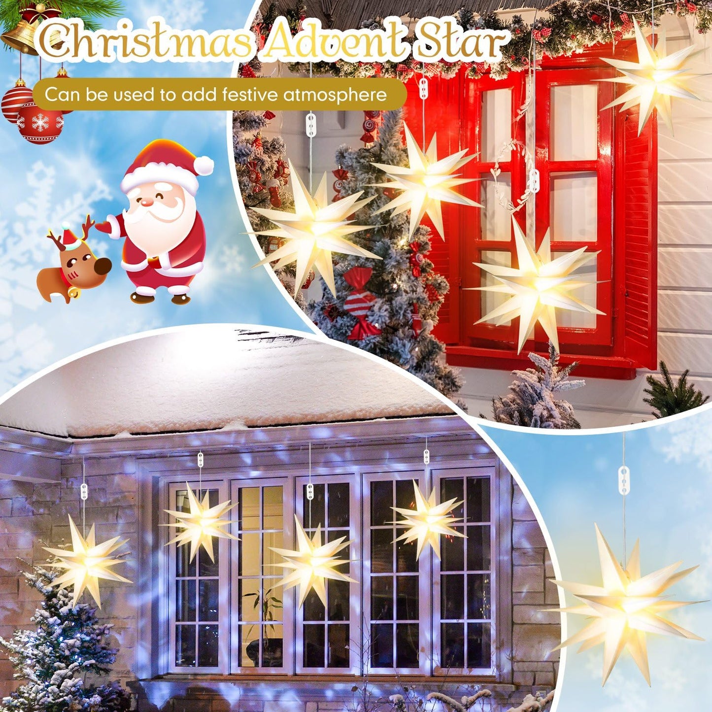 Kittmip 4 Pack Large LED Moravian Star Light Hanging Outdoor Christmas Warm White Porch Pendant Light Holiday Decoration for Christmas Trees Balconies Courtyards Advent Star (15.8''+19.7")