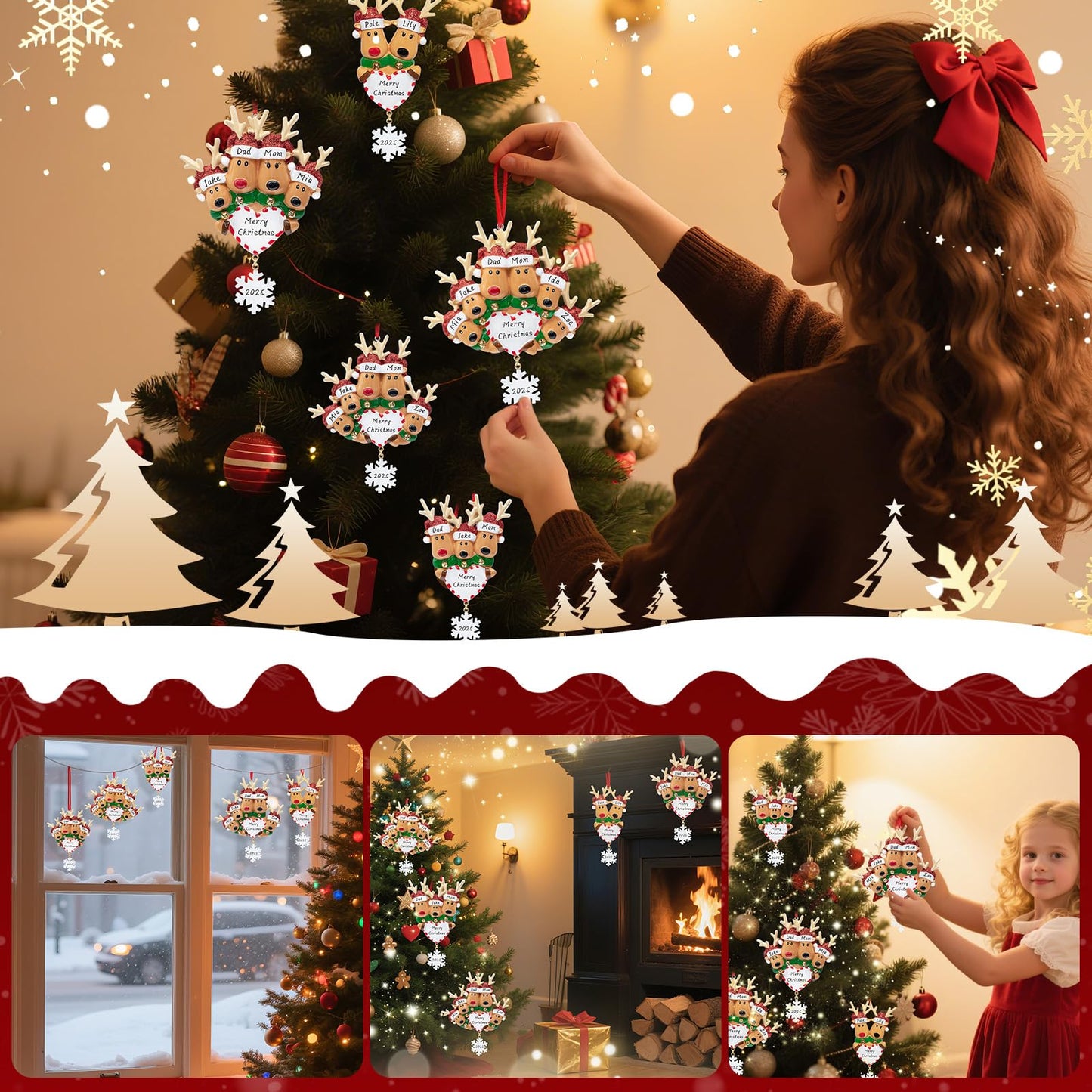 Personalized Deer Christmas Ornaments 2025 Family of 2,3,4,5,6, Custom Engraved Names & Year, Custom Polyresin Hanging Reindeer Ornament for Xmas Tree Decoration Holiday Family Decor Gifts