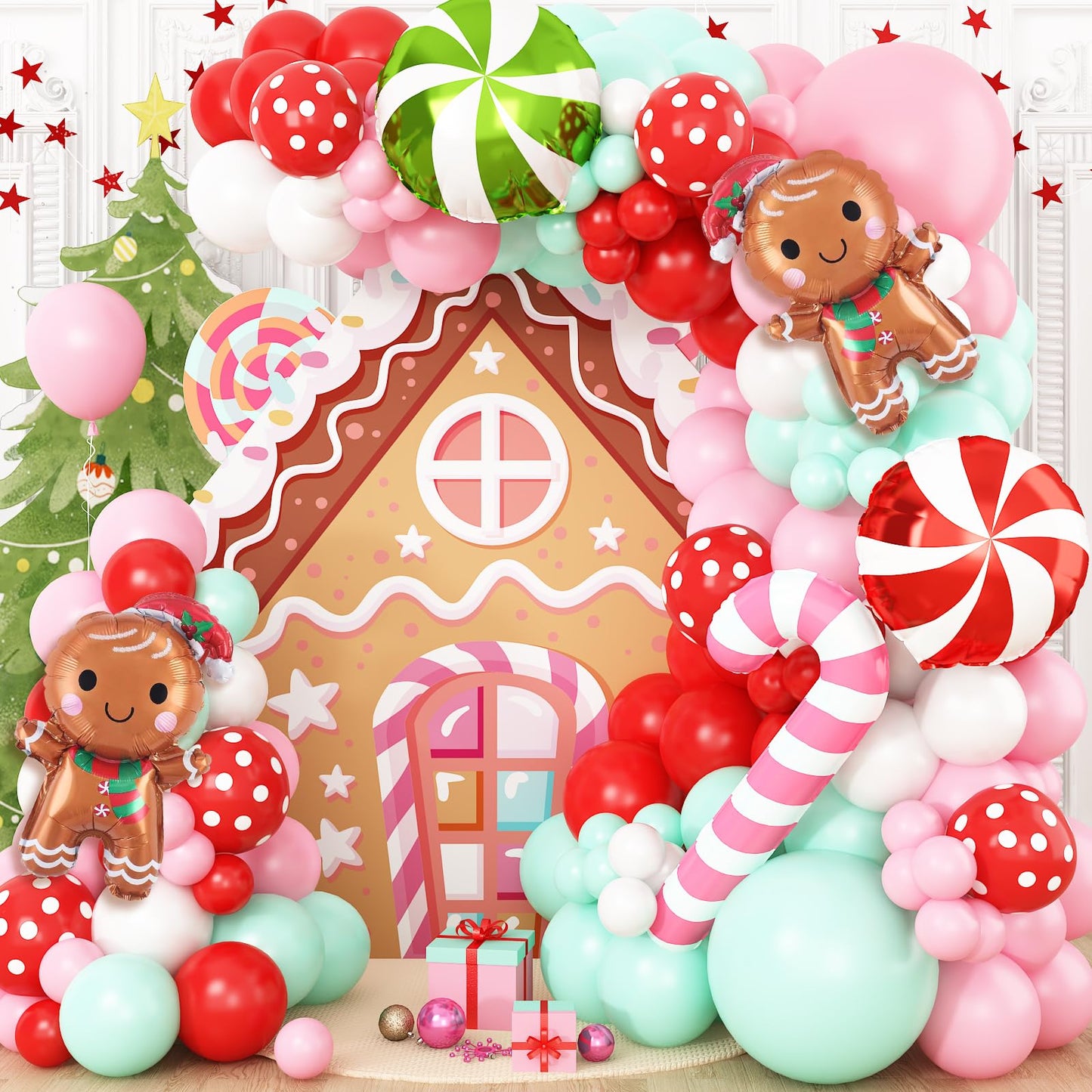 Gingerbread Balloon Garland Kit 139Pcs Pink Red Green White Christmas Balloons Arch with Gingerbread Man Candy Cane Foil Balloon New Year Xmas Cookie Exchange Gingerbread House Party Decorations
