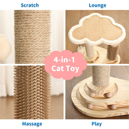 Made4Pets Cat Scratching Post, Cat Self Groomer for Indoor Cats, Cloud Soft Perch for Rest, 17.5" Tall Natural Sisal Scratcher Cat Grooming Interactive Ball Track Toys for Small Cats Kittens