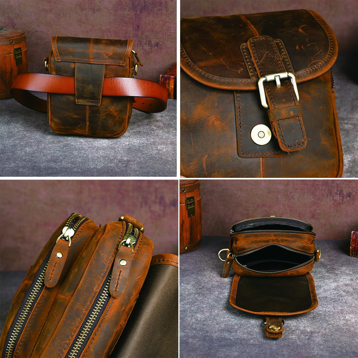 Handadsume Water Resistant Canvas + Leather Hiking Riding Travel Fanny Waist Pack Small Phone Pouch For Men Women FB811-29 (100% Leather- Coffee)