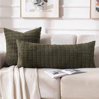 Fancy Homi Olive Green Long Body Lumbar Decorative Throw Pillow Covers 14x36 Inch for Bed Couch Bedroom, Soft Corduroy Rectangle Solid Pillow Case 35x91 cm, Rustic Farmhouse Boho Room Decor