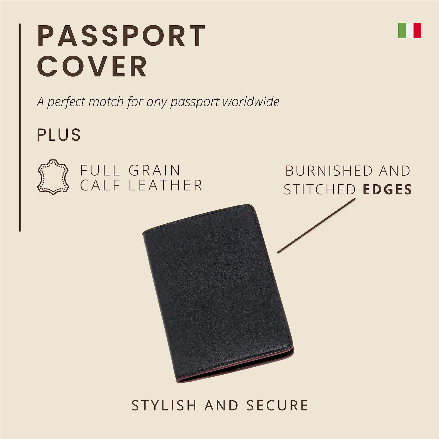 Maruse Italian Leather Passport Cover for Men and Women, Handmade in Italy, Black