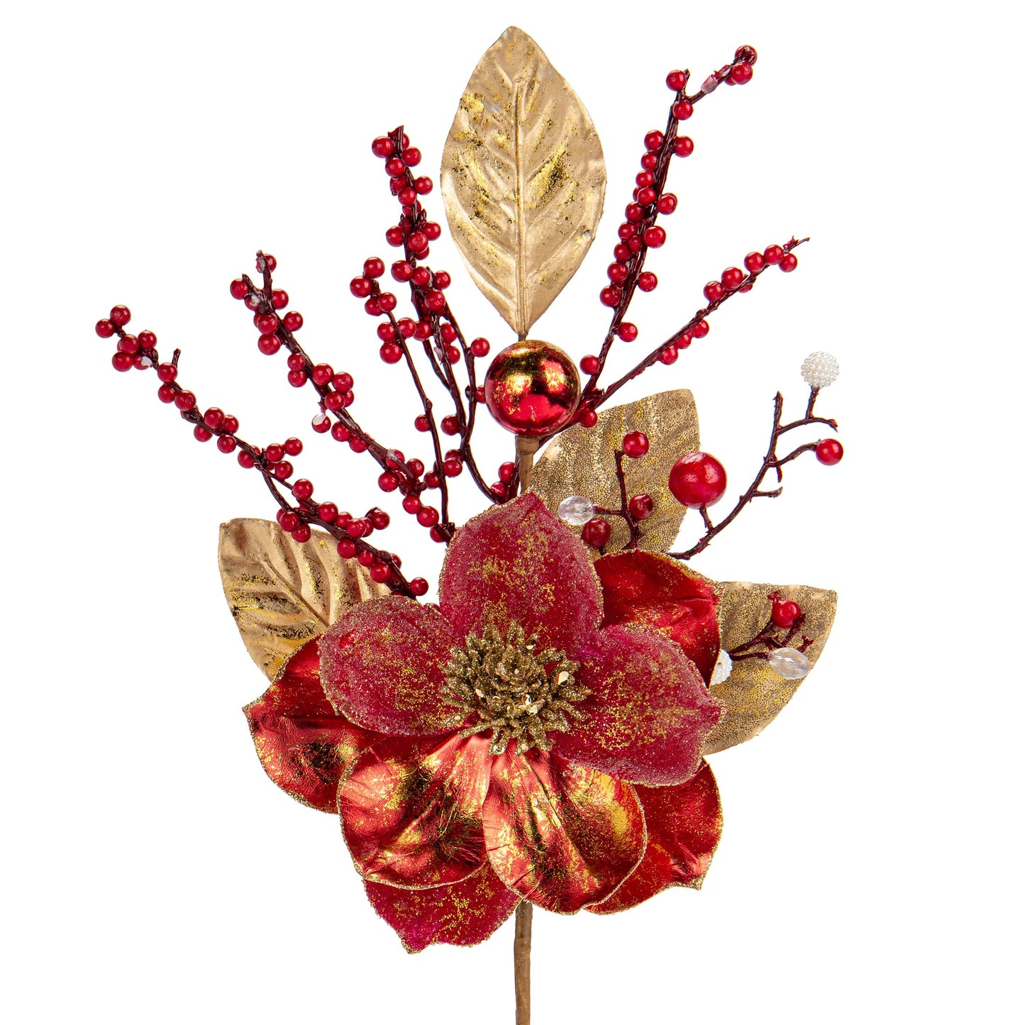 Briful 2PCS Christmas Glitter Magnolia Flowers Picks and Spray with Christmas Balls Ornament Red Berries Gold Leaves Branches for Xmas Tree Wreath Vase Floral Arrangement (Red Gold)