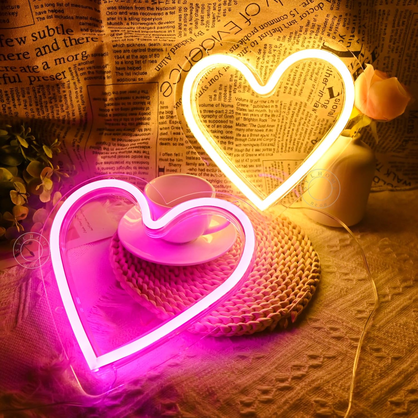 SYLHOME 2 Pack Heart Led Neon Light Sign Battery Operated or USB Powered Bedroom Wedding Wall Sign Decor Birthday Christmas Gifts USB 7.87" X 7.28" Pink & Warm White