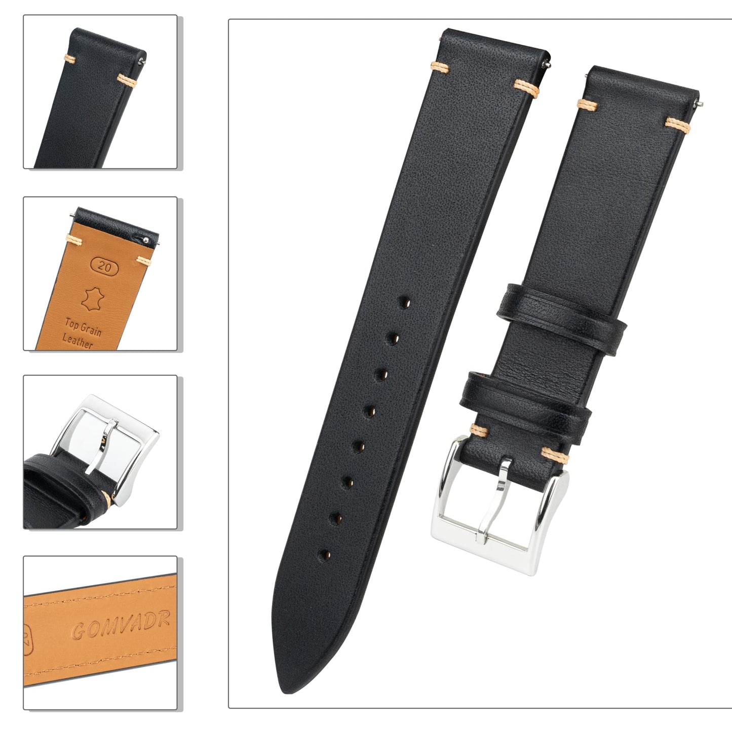 Gomvadr Handmade Slim Vintage Top Grain Leather Watch Strap, Quick Release, 18 mm/19 mm/20 mm/21 mm/22 mm, Silver/Black Buckle, Tan/Brown/Blue/Black/Coffee, Unisex for Men Women (Black with Silver Buckle, 20mm)