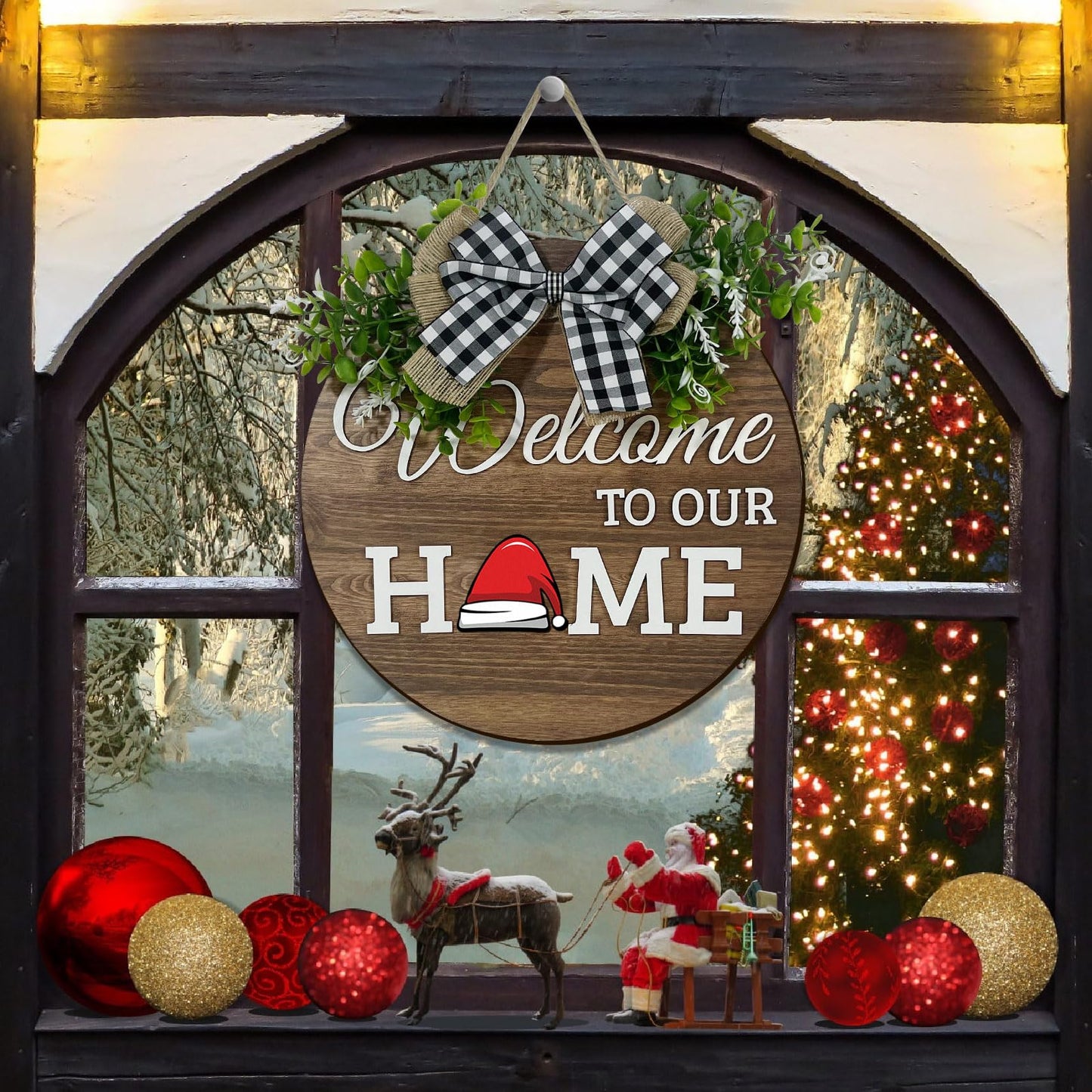 VPDTVK Interchangeable Seasonal Welcome Sign Front Door Decoration, Rustic Round Wood Wreaths Wall Hanging Outdoor Decor for Spring Summer Autumn and Winter All Seasons Holiday Halloween Christmas