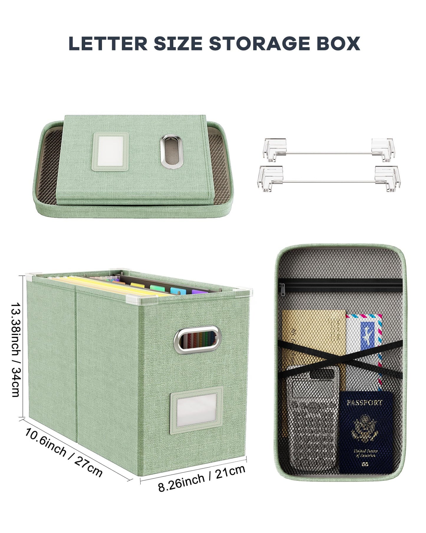 Oterri File Organizer Box with Lid, Hanging Filing File Box with Mesh Pocket, Document Organizer Box for Letter Files, Portable Storage Box(1 PCS, Green)