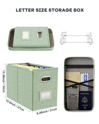 Oterri File Organizer Box with Lid, Hanging Filing File Box with Mesh Pocket, Document Organizer Box for Letter Files, Portable Storage Box(1 PCS, Green)
