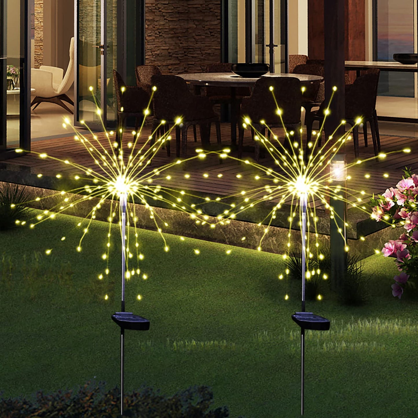 Solar Garden Firework Lights Outdoor Waterproof 2 Pack Solar Powered Art Stake Twinkle Lighting for Outside Decor, 120 LED Sparklers String Lights for Yard Party Decorations (Warm White)