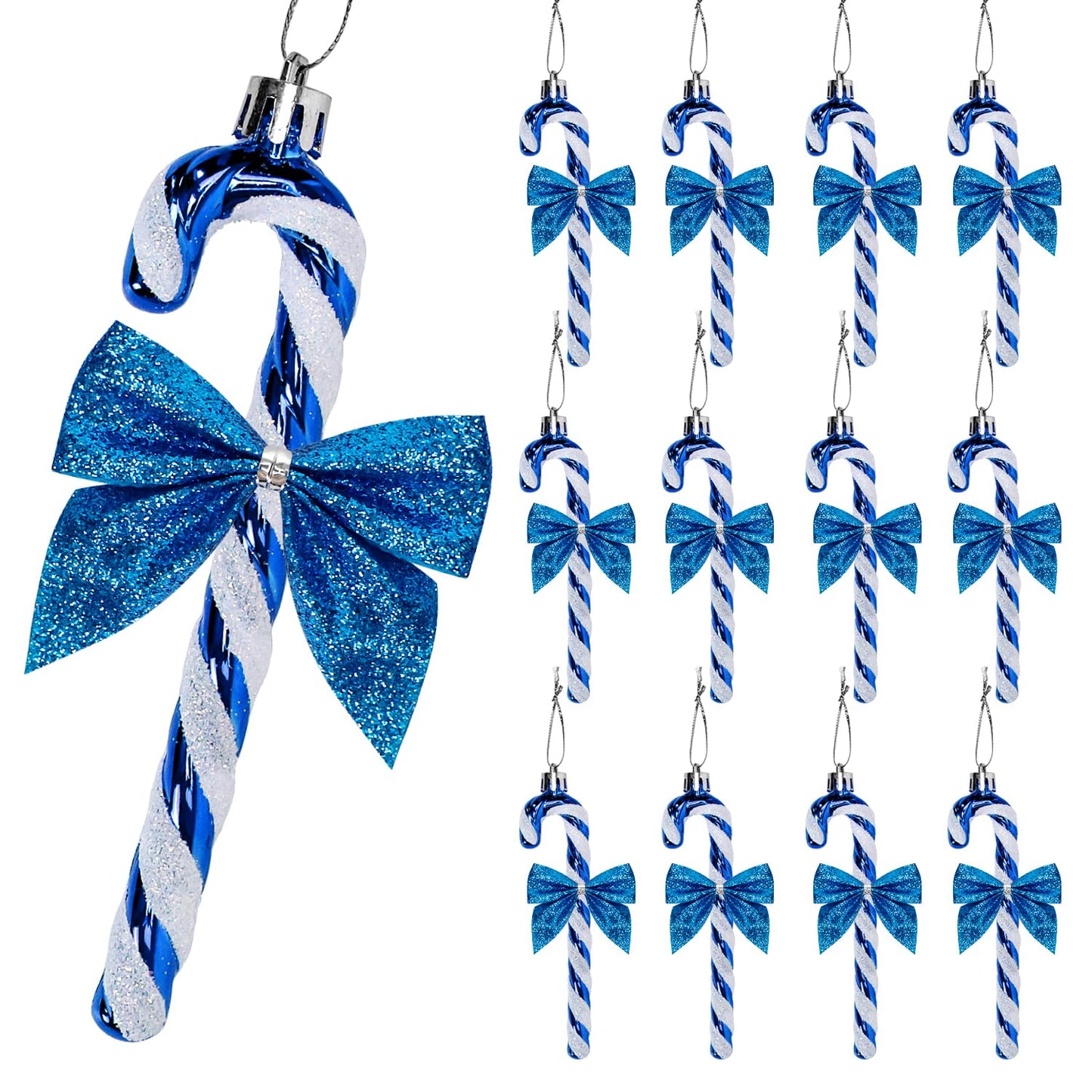 12 Pcs Candy Cane Christmas Decorations, 5.5inch Glitter Candy Cane Bows for Xmas Tree Hanging Ornament Holiday Festival Party Home Decoration (Blue)