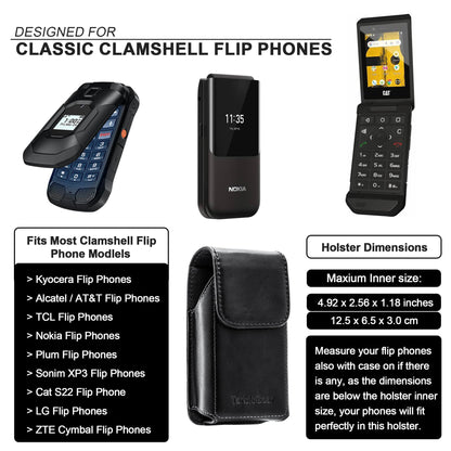 TarbicGear Leather Flip Phone Case with Belt Clip, Pouch for Kyocera & TCL & Nokia Flip Phone Holster for Belt, Cat S22 Case, Phones Sheath, Sonim XP3 Plus Magnetic Phones Pouch (Black)