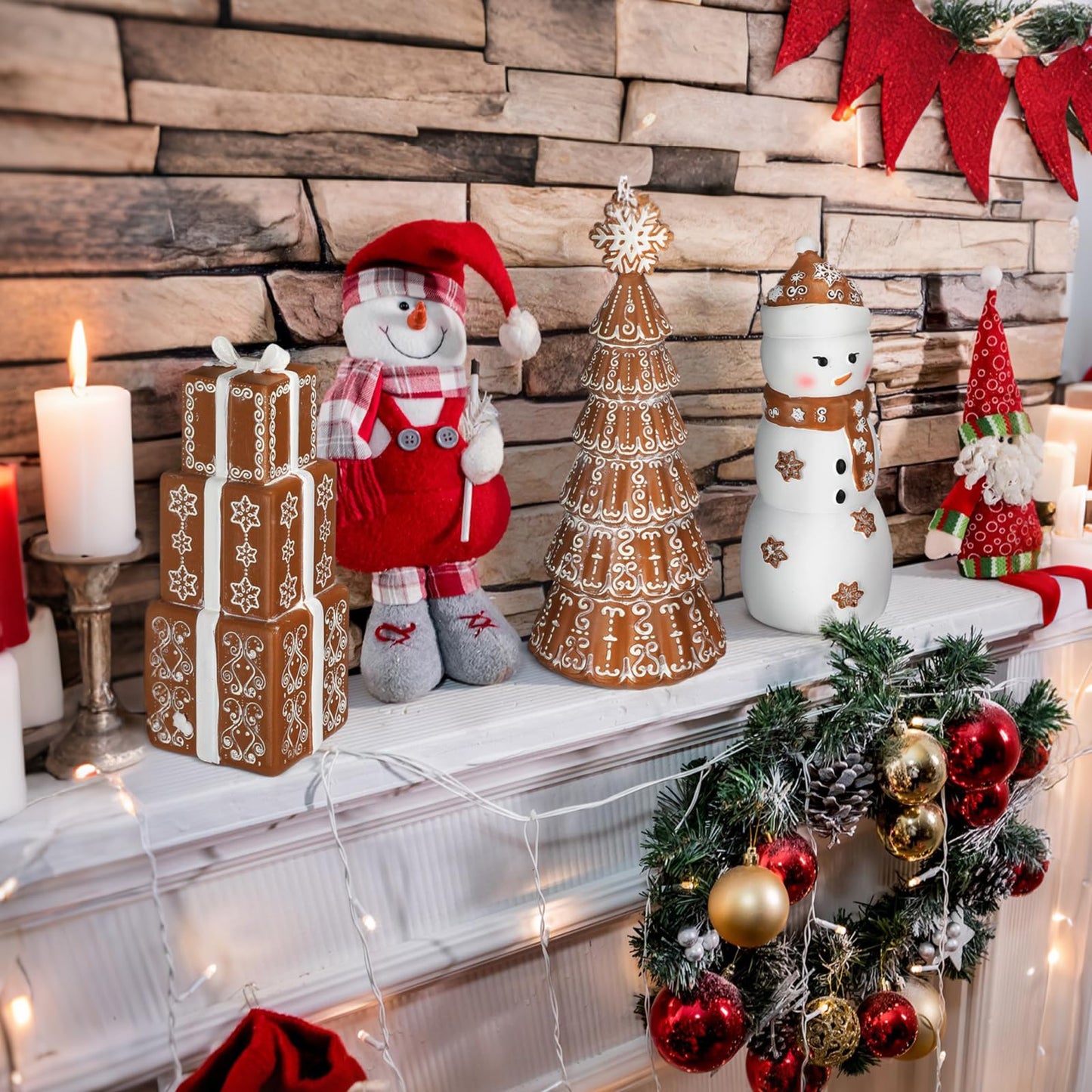 Kathfly 3 Pcs Christmas Winter Gingerbread Figurines Set Resin Snowman Gingerbread Tree Collectible Gift Table Centerpiece for Home Christmas Holiday Shelf Mantel Table Display