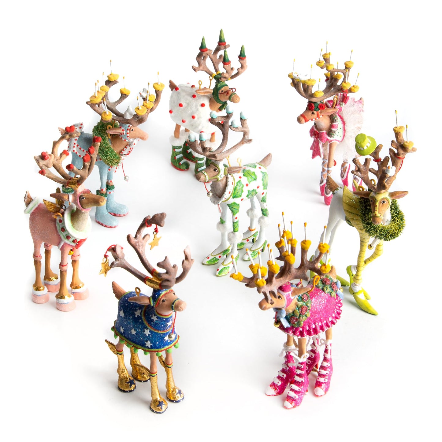 MACKENZIE-CHILDS Patience Brewster Dash Away Christmas Ornament, Indoor Christmas Decorations for the Christmas Tree, Mini Reindeer Set