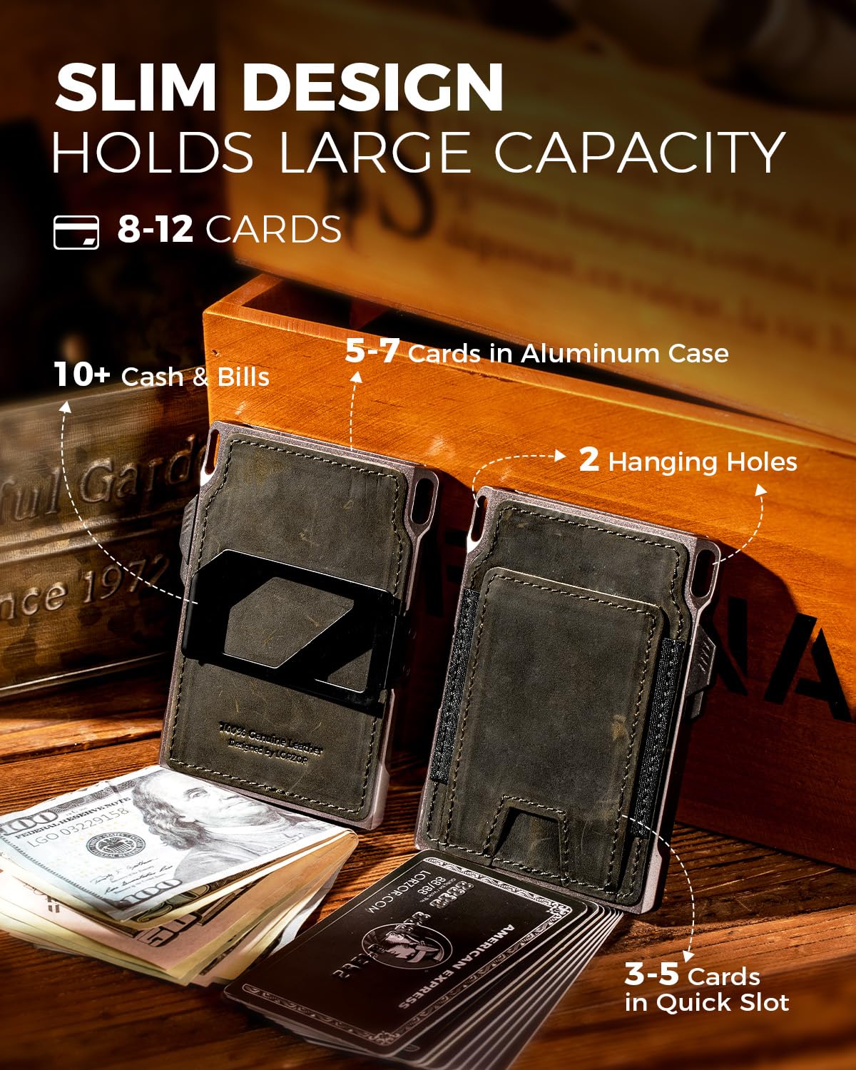 LORZOR Slim Tactical Wallet for Men- Minimalist Full Grain Leather Wallet for 10 Cards, RFID Blocking Aluminum Cardholder, Smart Pop Up Card Case, Front Pocket, Money Clip, Gift for Men(ArmyGreen)