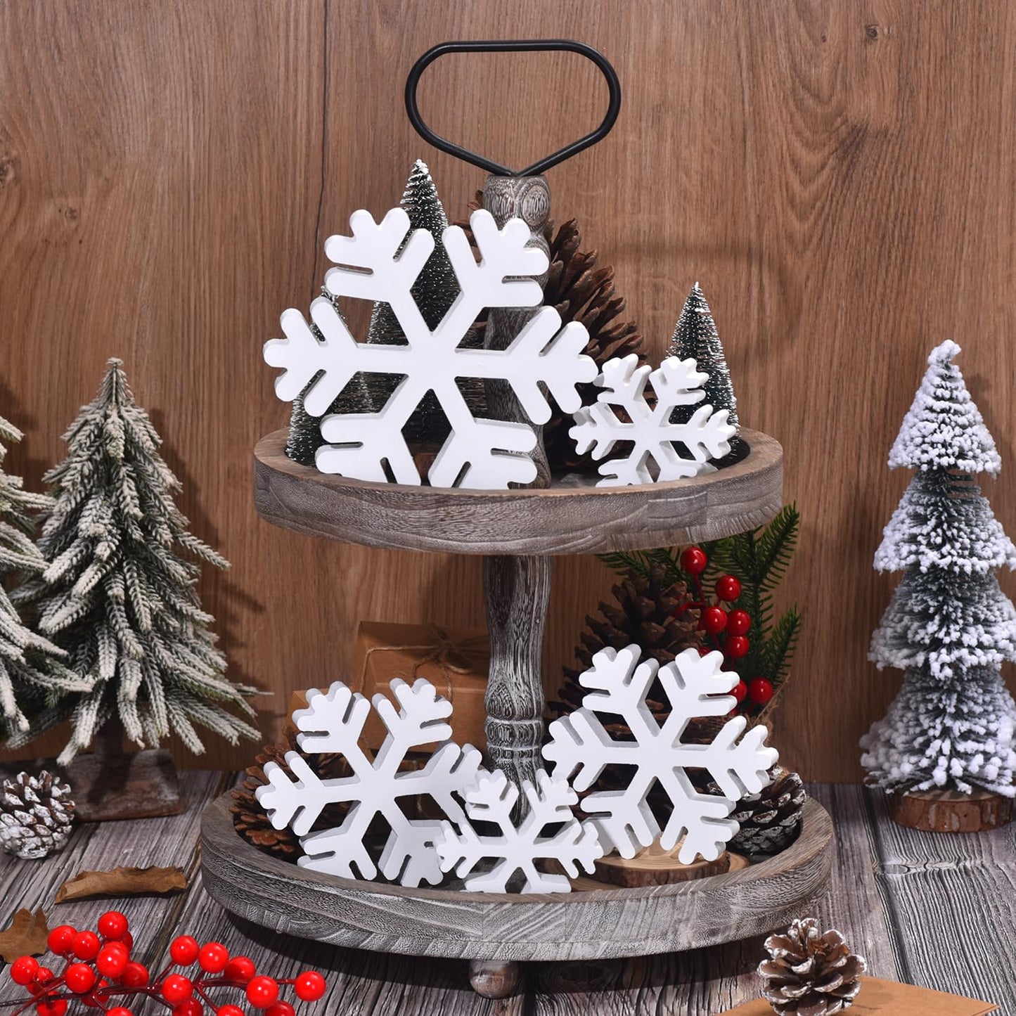 5 Pcs Winter Wooden Snowflake Decor Christmas Snowflake Signs 3D Decoration Tabletop Wood Snowflakes Centerpiece White Block Table Decor Standing Sign for Xmas Fireplace Mantel Home (white)