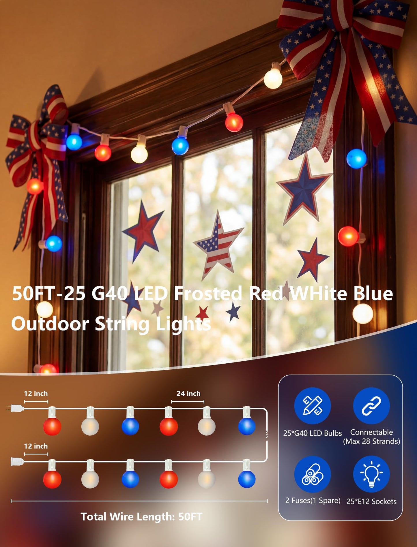 SUNSGNE Red White Blue 4th of July Patriotic Decorative Lights 50FT Outdoor String Lights with 27 G40 LED Bulbs(2 Spare) for Outdoor Indoor Holiday, Party, Independence Day Decor