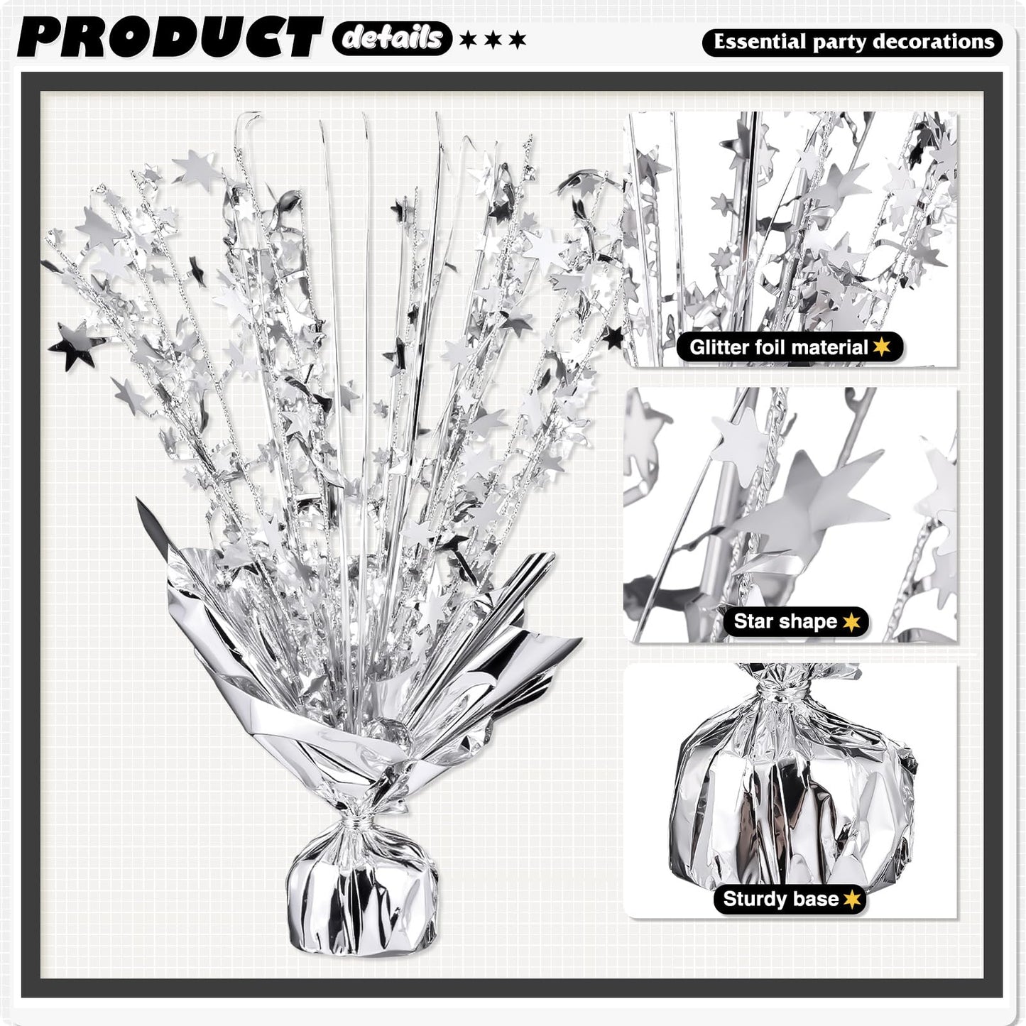 6 Pack Metallic Foil Spray Centerpiece Star Table Decoration Burst Table Centerpieces for Birthday Weddings Anniversaries Christmas New Year Holiday Party Supplies Decor (Silver)