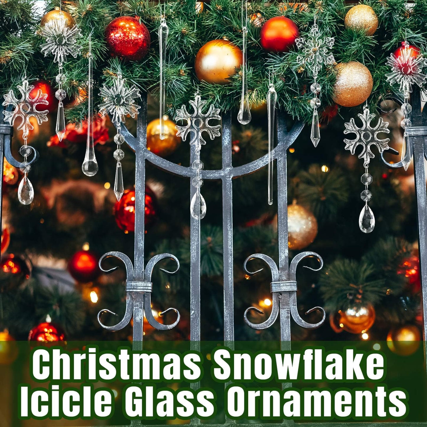 Gemscream 18 Pcs Winter Snowflake Glass Ornaments for Tree Clear Hanging Snowflake Icicles with Drop Pendants Glass Teardrop Decorations Crystals Decor for Holiday Chandelier Party Supplies