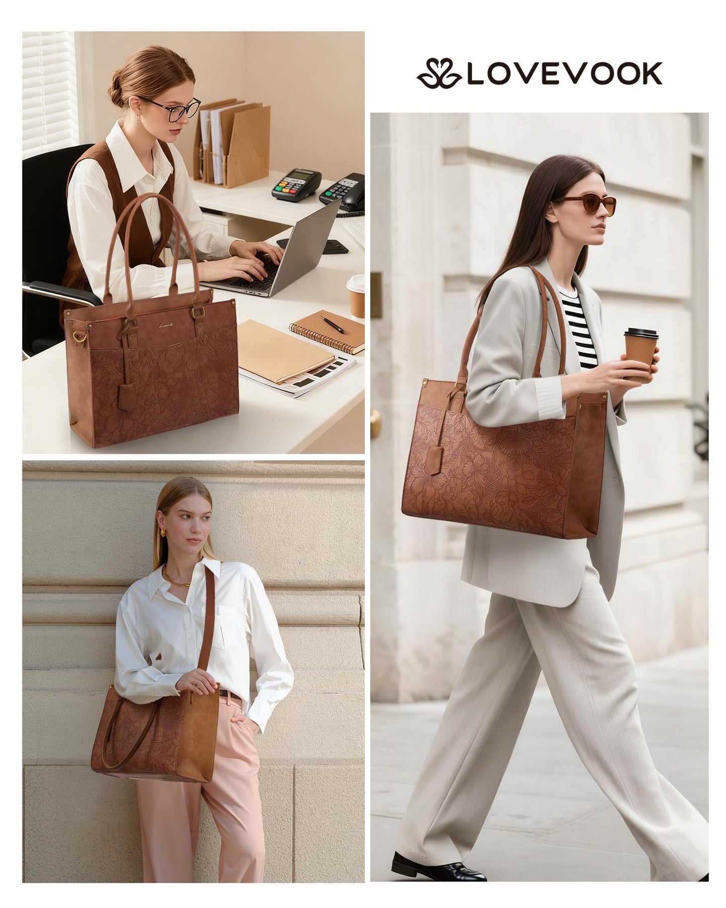 LOVEVOOK Laptop Bag for Women 15.6 inch, 2-in-1 Leather Structured Briefcase with Compartments and Clutch, Large Capacity Waterproof Multi Pocket Tote Bag, Brown