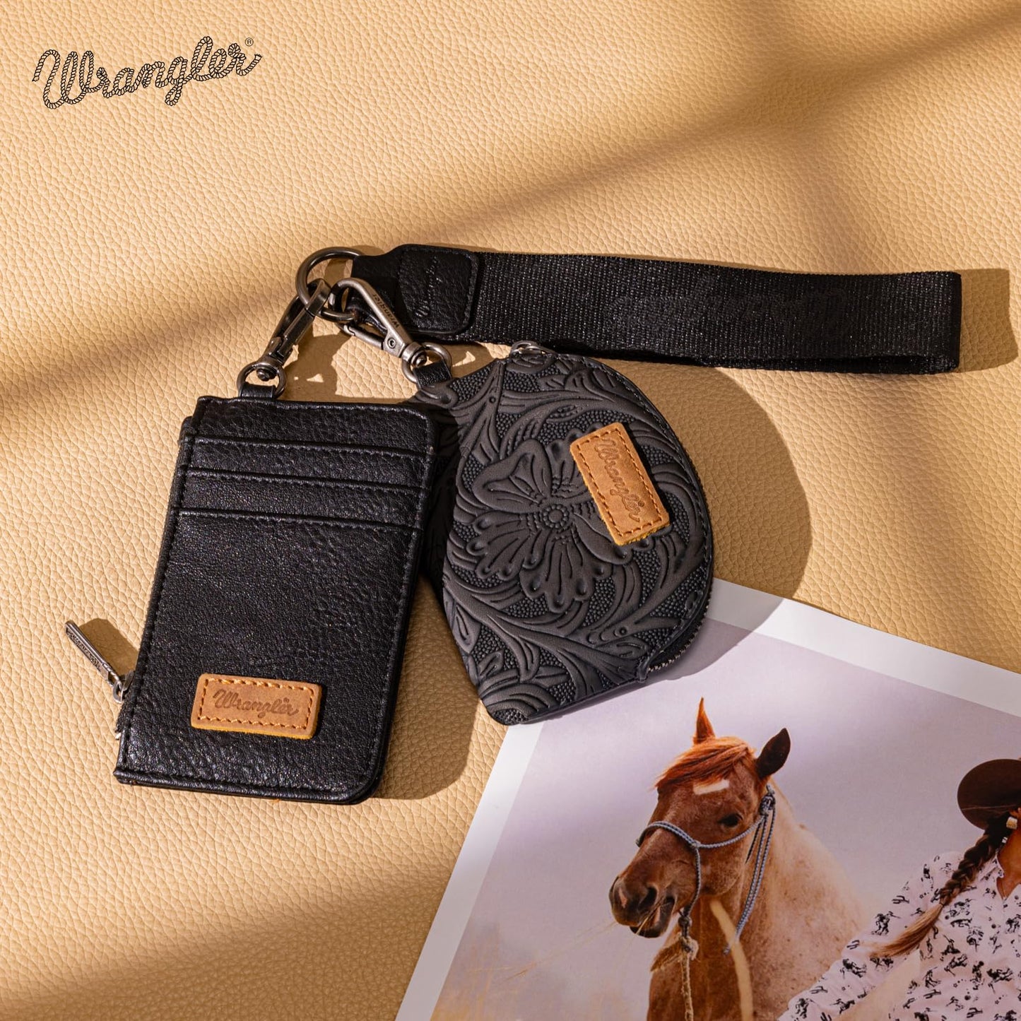 Montana West Wrangler KeyChain Wristlet Wallets for Women Western Dual Pouch Wristlet Embroidered Boot Scroll Card Holder Wallet With Zipper