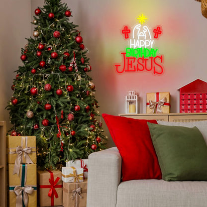 JLEWUINH Happy Birthday Jesus Neon Sign for Christmas Decor Cross Neon Light Sign Dimmable USB Led Christian Religious Neon Wall Decor for Church Home Nativity Scene Faith-Based Holiday Gift
