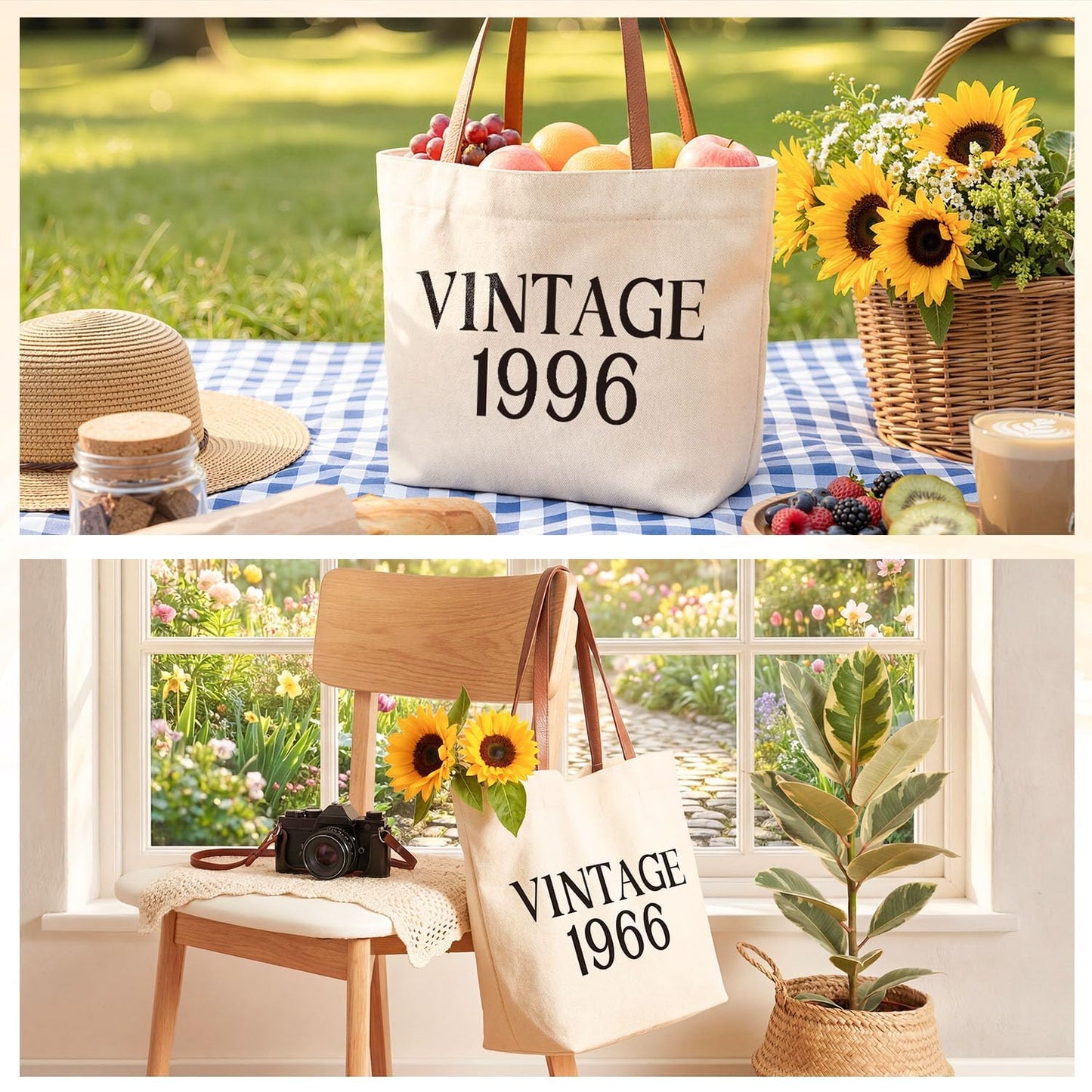 Vintage 1956 Gifts for Women, 70th Birthday Gift Set, Canvas Tote Bag with Leather Handles, Makeup Pouch & Back in 1956 Card, Gift for Her Turning 70
