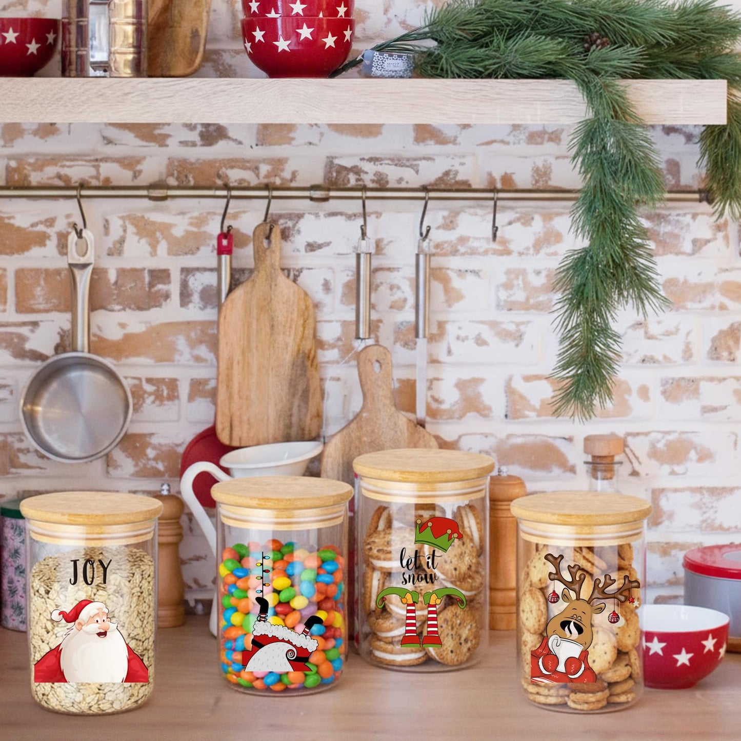 Suclain 6 Pcs Christmas Glass Storage Jars with Lid 19 oz Retro Christmas Glass Cookie Jars Santa Snowman Reindeer Tree Decorative Canisters Gift for Kitchen Indoor Containers Countertop Decoration